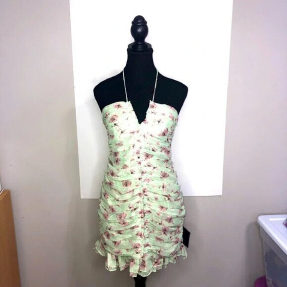 Lulu’s Dress Small Blooming Night Out Light  Green Floral Print Ruched Bodycon - Picture 7 of 16